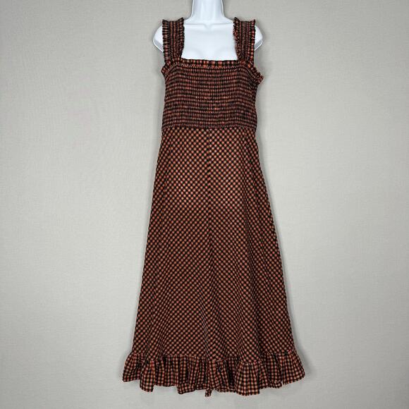 Ganni Dresses & Skirts - Ganni Seersucker Check Midi Dress Womens 42 Red Smocked Cottagecore Country Boho